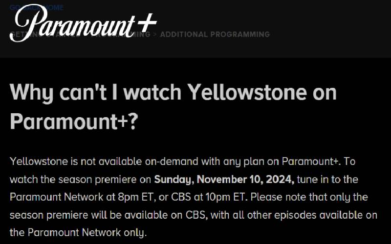 Yellowstone not available on Paramount Plus