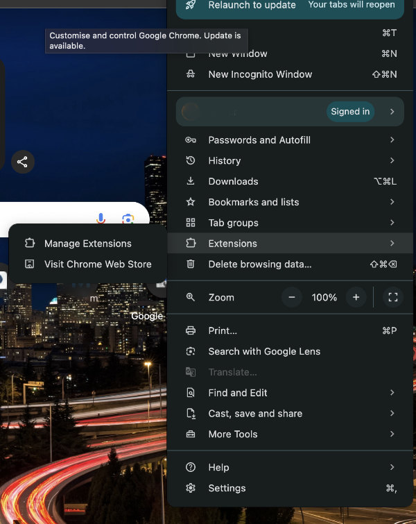 Extensions in settings